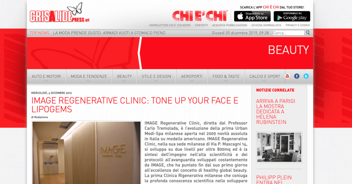Crisalide Press - Image Regenerative Clinic: Tone Up Your Face und Lipogems - 4. Dezember 2019