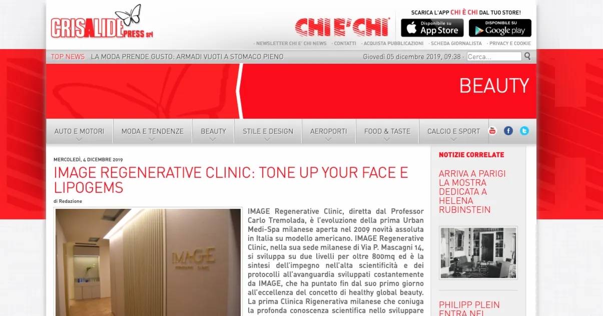 Crisalide Press - Image Regenerative Clinic : Tone Up Your Face et Lipogems - 4 décembre 2019