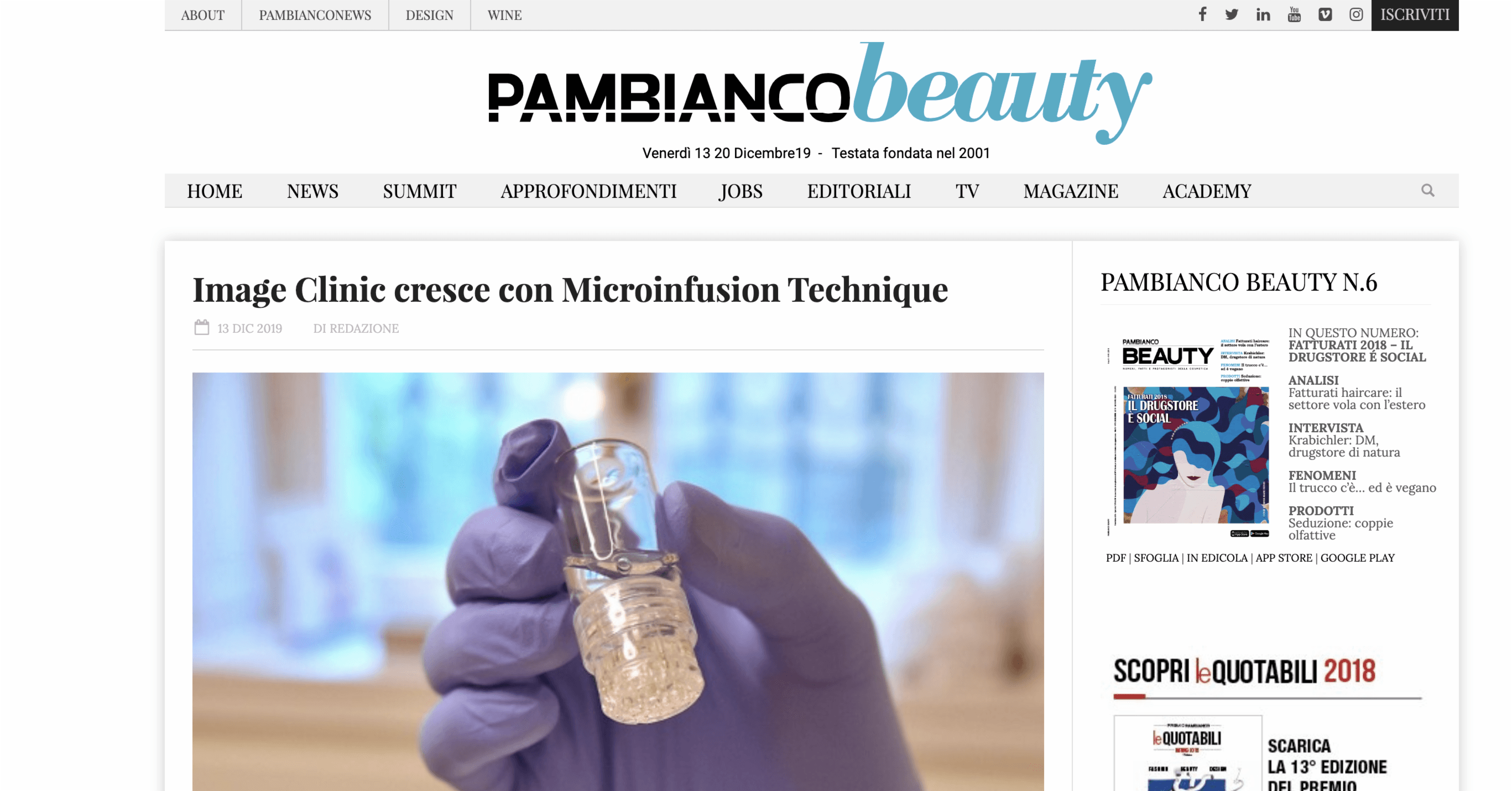 Pambianco Beauty - Image Clinic se développe avec la technique Microinfusion - 13 décembre 2019