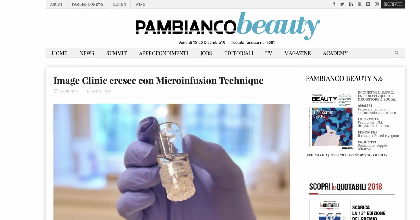 Pambianco Beauty – Image Clinic cresce con Microinfusion Technique – 13 dicembre 2019